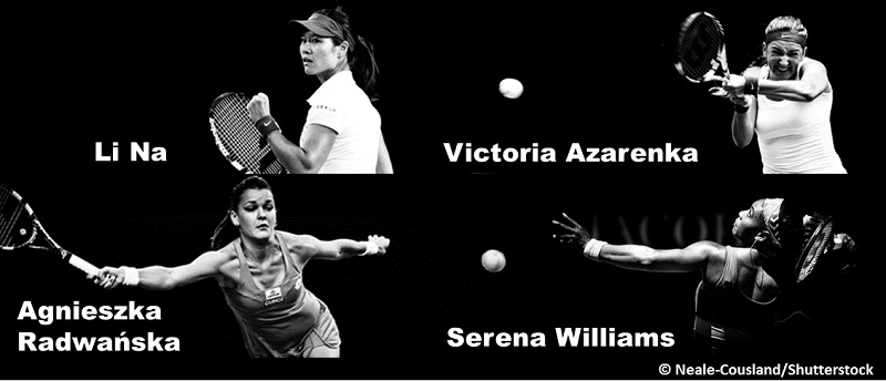 Collage of woman tennis players: Agnieszka Radwanska, Li Na, Victoria Azarenka and Serena Williams